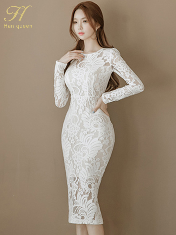 Han queen blonde blyantkjole kvinder hule ud sheath bodycon kjoler hvid mid-layer slim ol arbejde fest vestidos