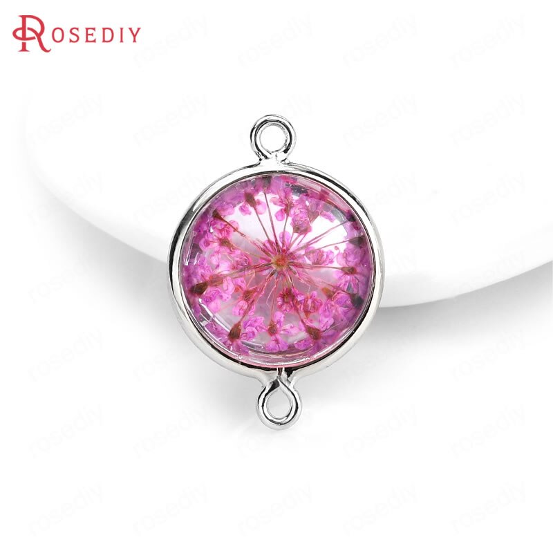 (C828)6 pieces 14x20mm 24K Gold Color Brass and Glass 2 Holes + Dried Flower Round Connect Charms Pendants Diy Jewelry Findings: 35623