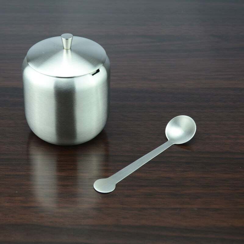 2 pcs 350ML Stainless Steel Coffee Espresso Sugar Bowl Sugar Pot With Spoon Cover Drum Shape Sugar Cup