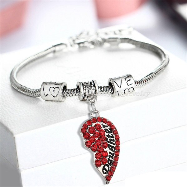 2PC Clear Color Red Pink Blue Crystal Rhinestone Heart Mother Daughter Bangle Bracelets Mom Mommy Girls Women Family Party: Red Daughter