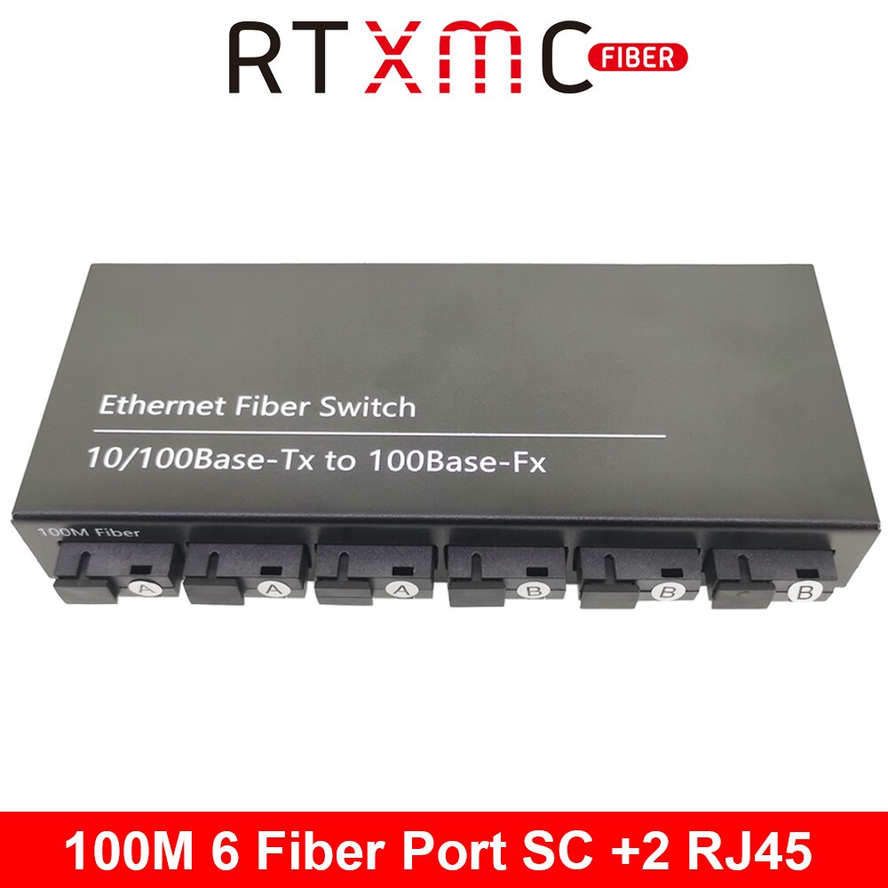 Interruptor de 6 puertos Ethernet de 10/100M, 6 puertos de fibra, 25KM, 2 puertos UTP RJ45, interruptor óptico de fibra rápida Erhetnet con fuente de alimentación de 5V 2A