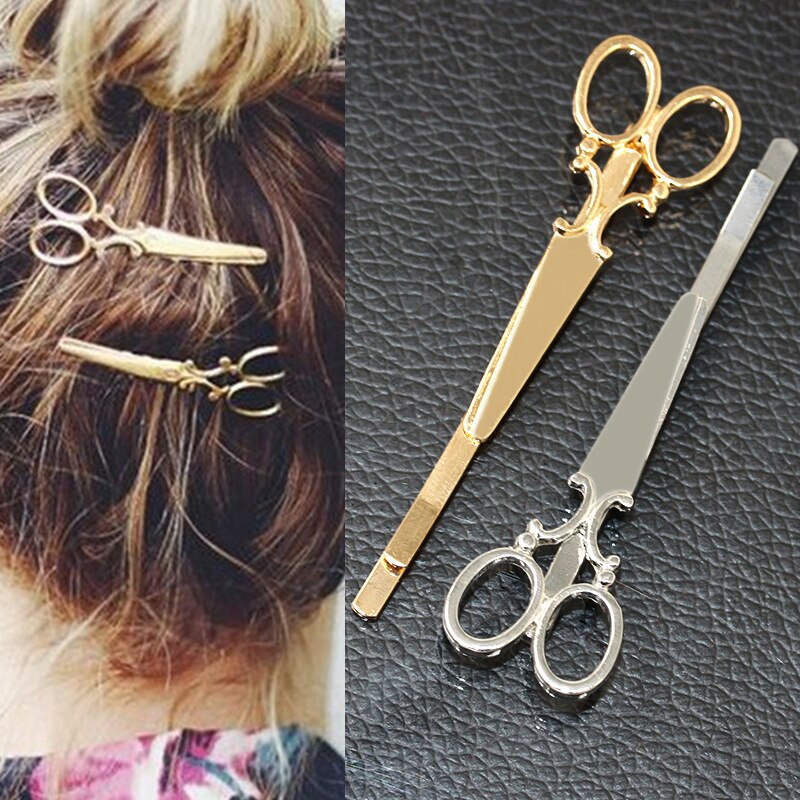 Women Chic Golden Silvery Scissors Shape Hair Clip Hair Pin Headwear Barber Scissors Mental 2 Colors