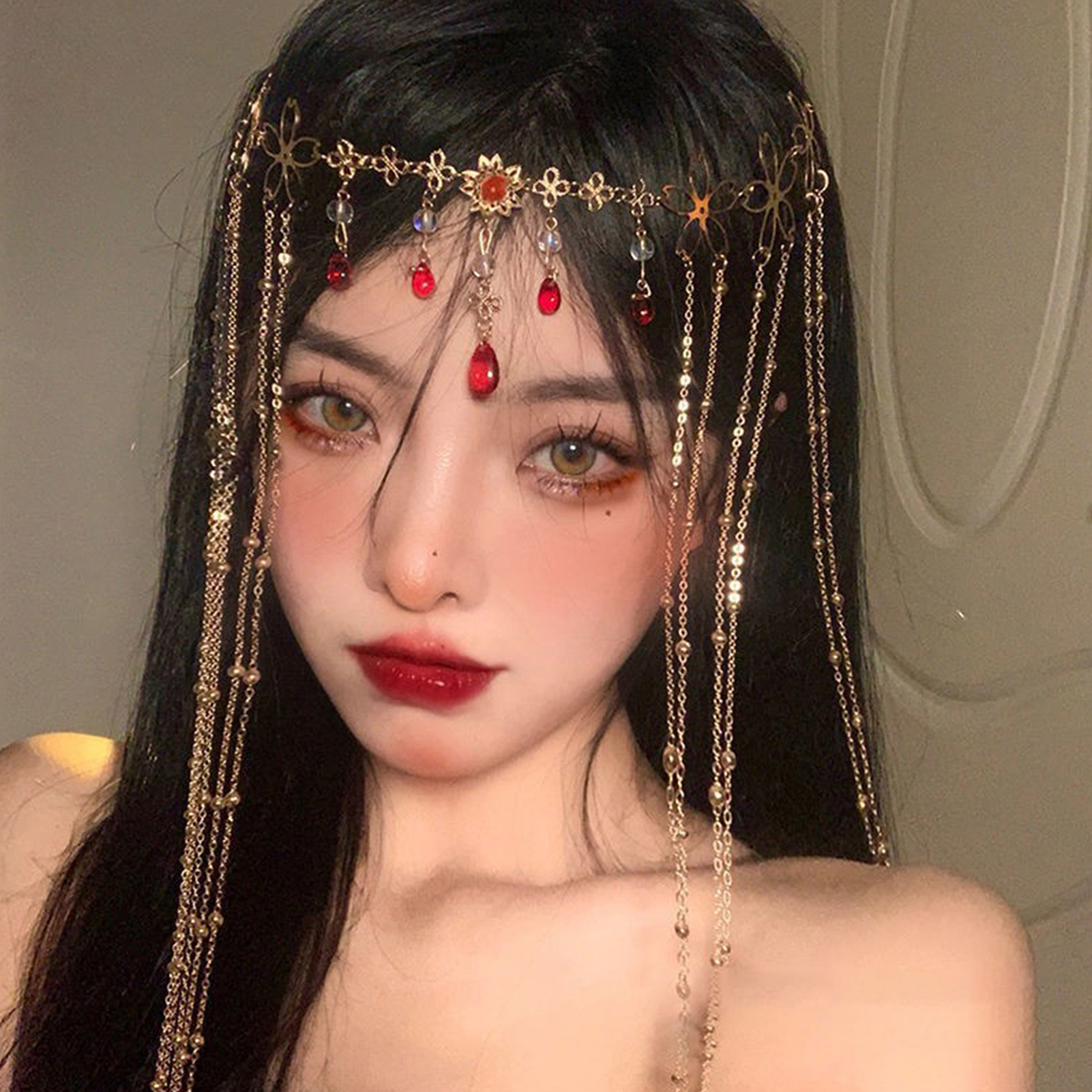 Accesorios para el cabello de joyería de lujo para mujer, cadena para la frente con borla de flores en forma de gota de agua, colgante para el cabello con piedras preciosas rojas sexys, horquilla