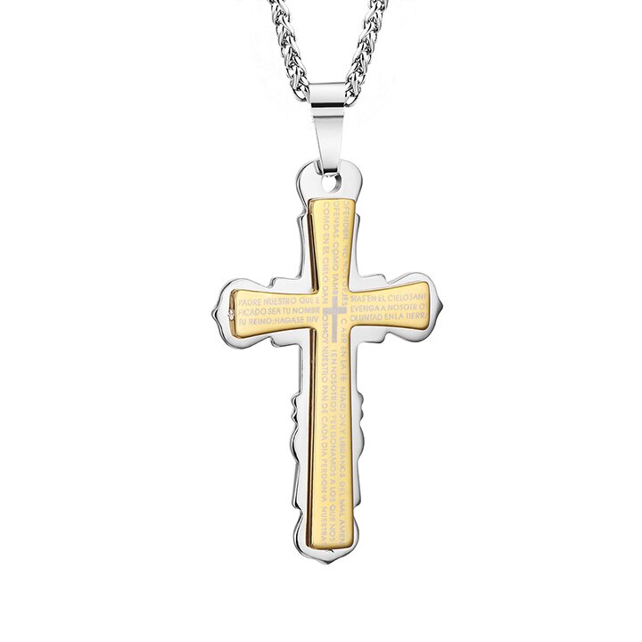 Collares y colgantes de doble capa con Cruz para hombres, Cadenas de Metal con cuerpo de acero inoxidable, joyería para niños, modelo MN209: Gold Silver Tone