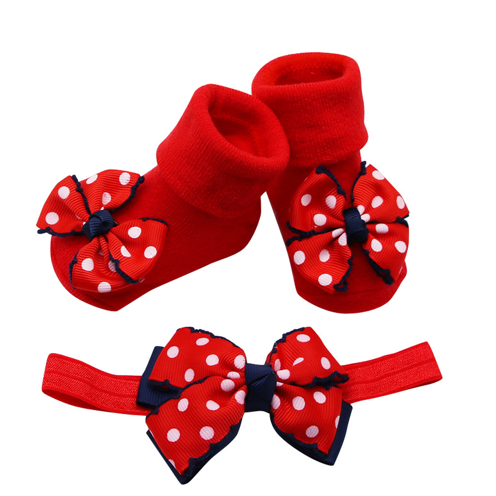 Baby Infant Girls Socks +1PC Hair Belt Toddler Girls Bow Wave Point Anti-slip Socks Cute Baby Socks Newborn #1021: RD