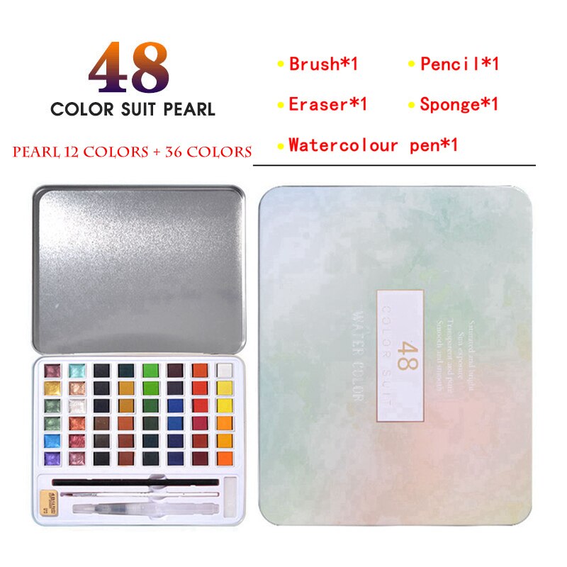 Parel Aquarel Pigment Set 48 Kleur Aquarel Verf Student Handgeschilderde Draagbare Schilderen Set Ijzeren Doos Specialiteit Art Supplies: Pearl - 48 COLORS