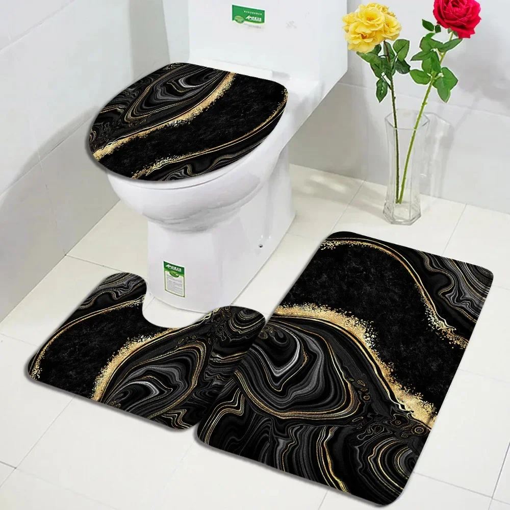 Abstract Black White Marble Bath Mat Set Geometric Texture Modern Carpet Home Bathroom Decor Non-slip Rugs Toilet Cover: Blue