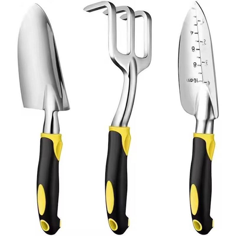 Ensemble d'outils de jardin jaune, 3 pièces, outils de jardinage robustes en aluminium comprenant une truelle à main, une truelle de greffe et un râteau à main: Default Title