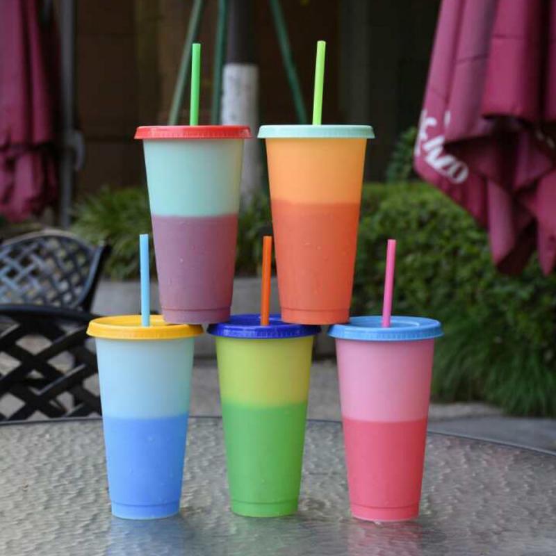 710Ml Pp Temperatuur Magische Kleur Veranderen Cups Kleurrijke Koud Water Kleur Veranderende Sport Cup Mok Flessen Met Rietjes 5Pcs