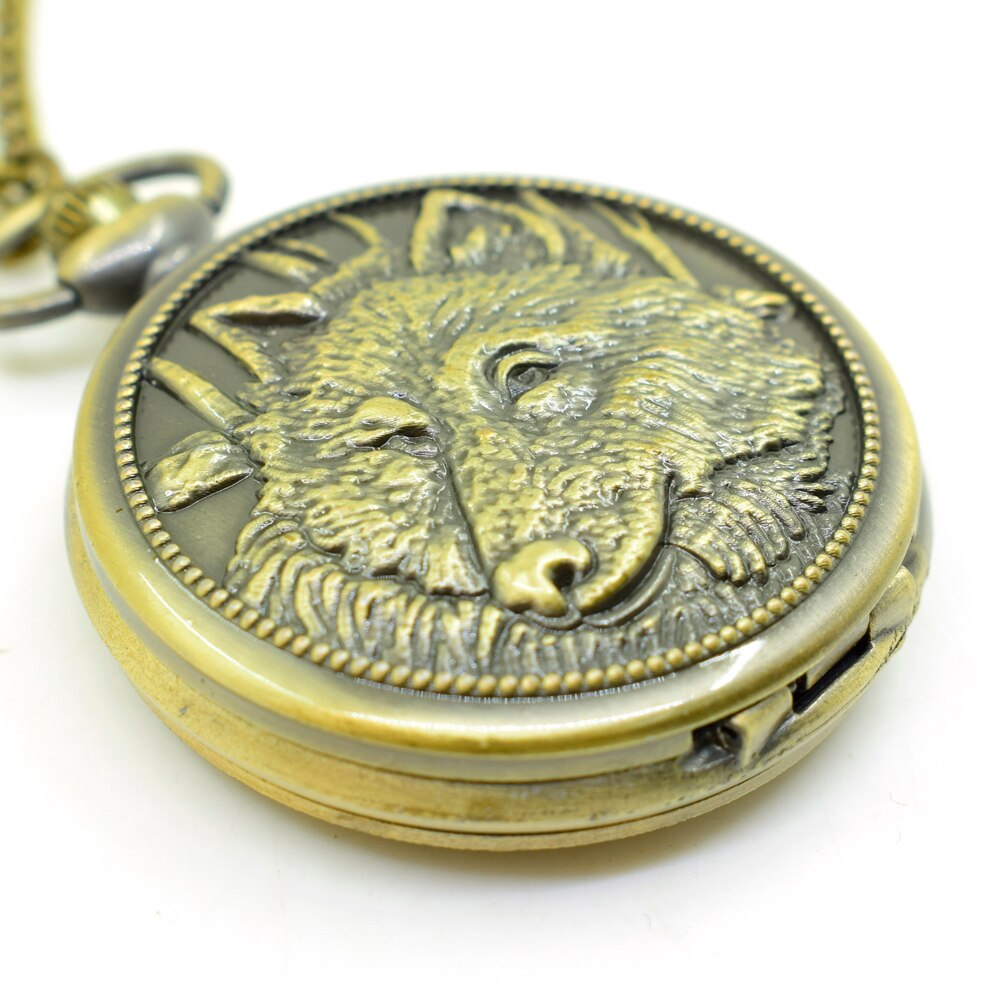 Cool Wolf Pocket Watch Vintage Retro Men Pocket Watch Emboss Round Bronze Alloy Quartz Dial Arabic Pocketwatch With chain