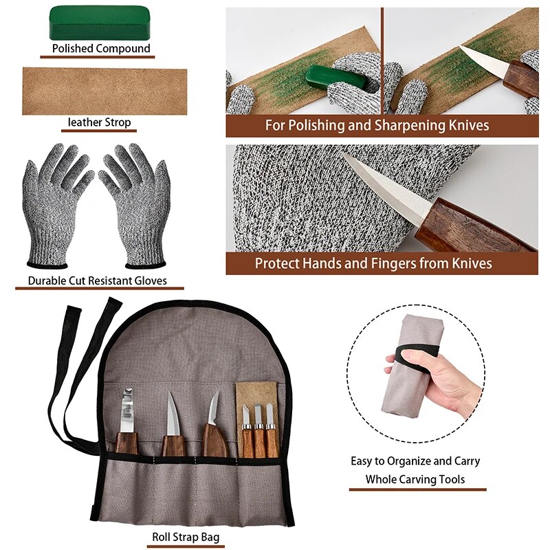 Juego de herramientas para tallar madera con detalle, cuchillo para tallar madera, cincel para madera, guantes, afilador de cuchillos para tallar, herramientas de carpintería, 10 Uds.