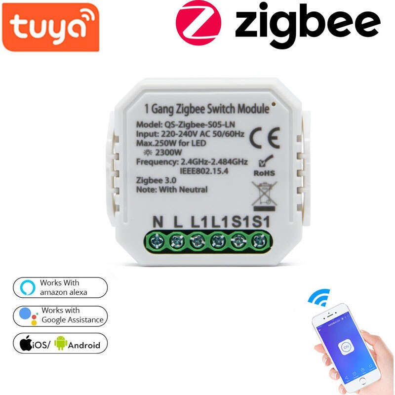 Lonsonho Tuya Zigbee Smart Switch Module No /With Neutral EU 220V 1 Way Wireless Light Switch Relay Compatible Alexa Goo