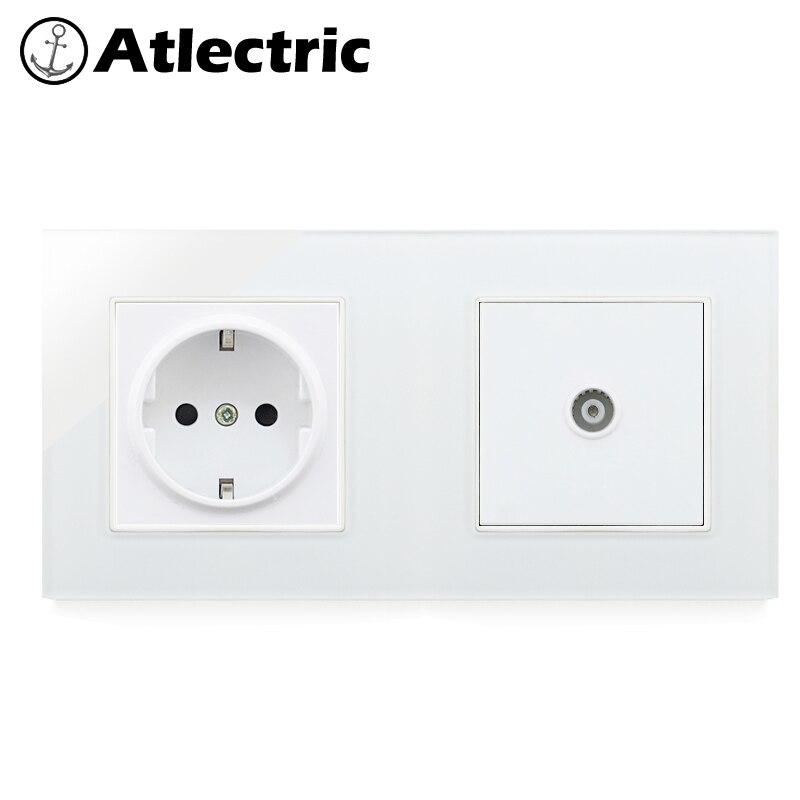 Atlectric EU DE Standard Plug Wall Power Socket RJ45 Computer TV PC Port Double Socket Power Electrical Outlet Tempered Glass