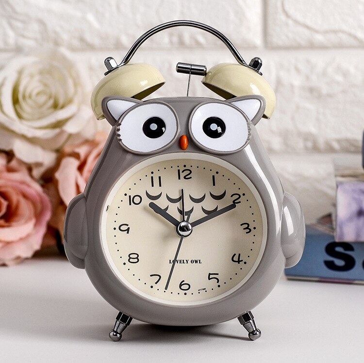 Childrens owl Alarm Clock Cute Bird Clock Children Cartoon Lovely Bedroom Double Bell Silent No Ticking Night Light Alarm Clocks: GRAY