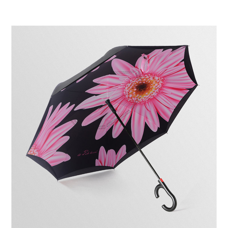 C-krog håndtag omvendt paraply dobbeltlag uv beskyttelse vindtæt bil paraply til kvinde semi-auto omvendt paraply mænd: Blomst