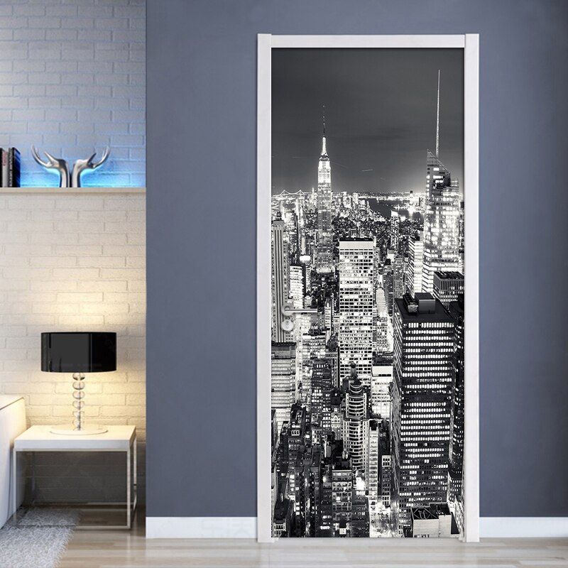 3d tapet svart hvit bybygning natur veggmaleri stue studierom dør klistremerke pvc selvklebende vanntett veggpapir: 95 x 215cm