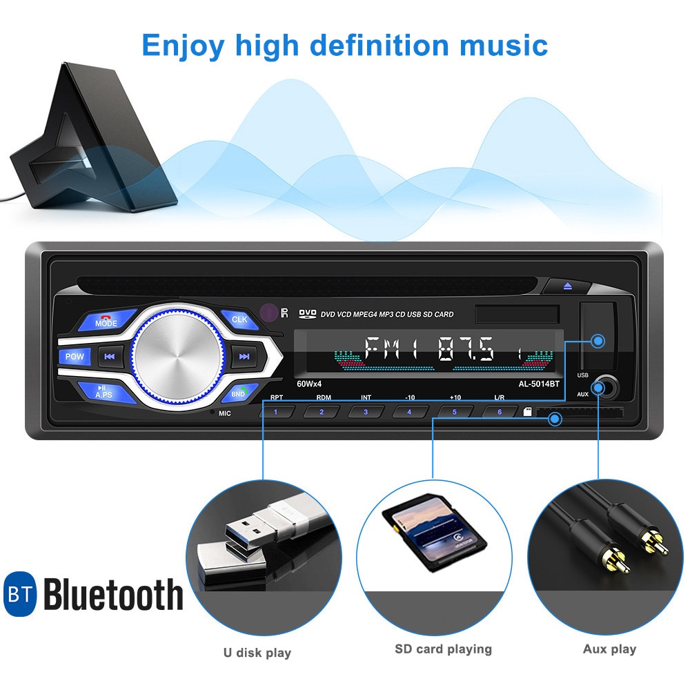 12V 1 DIN Bluetooth Car Radio Player Stereo DVD CD FM MP3 Audio 5V-Charger USB SD MMC AUX Auto Electronics In-Dash Autoradio