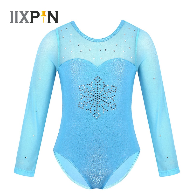 Gymnastics Leotard for Girls Long Sleeves Sparkly Rhinestone Snowflake Tulle Splice Ballet Leotard Dancewear ballet dress Kids