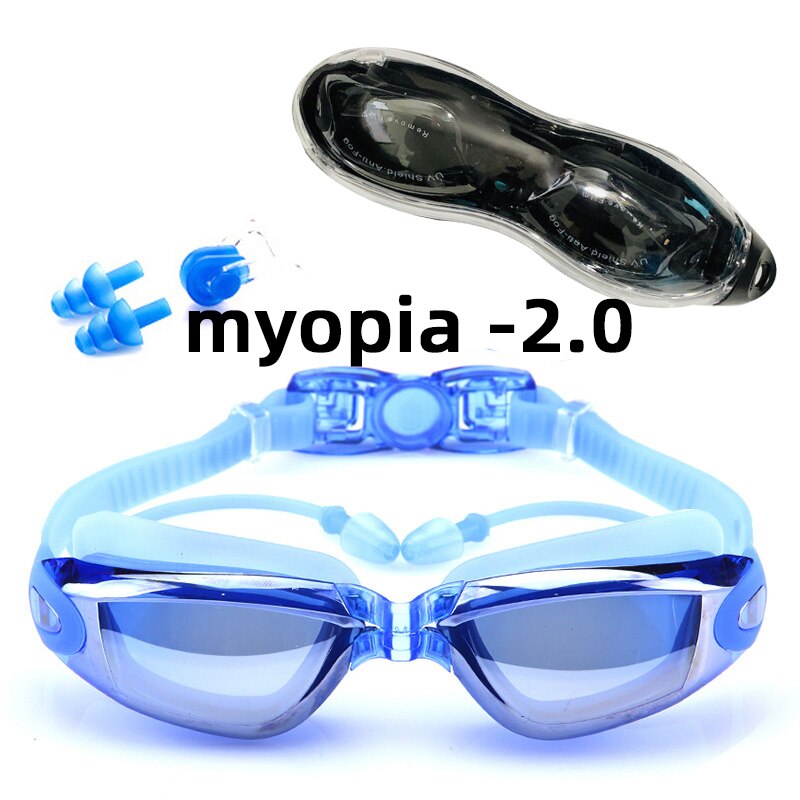 Aikuisten uimalasit vedenpitävät uimalasit puku hd anti-fog 100%  uv säädettävät silmälasit uima-altaisiin: Sininen likinäköisyys  -2.0