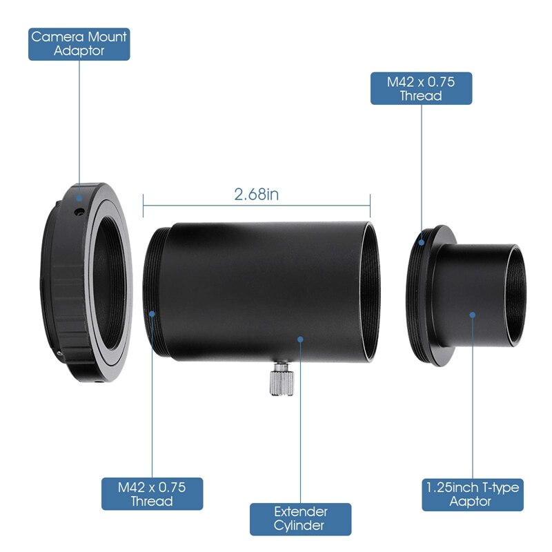 Telescope Camera Adapter 1.25inch T Adapter + 1.25inch T-Ring Mount Adapter + Extension Tube