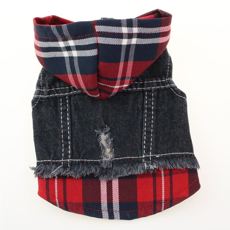 Chaqueta vaquera para perros y gatos, chaleco con capucha para perros y mascotas, chaqueta con sombrero a cuadros, ropa de Primavera/otoño
