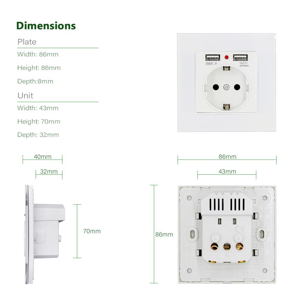 BSEED EU Standard Wall Socket With Double USB Wall Decorative Socket Dual Black Golden White Glass Panel