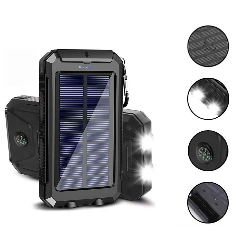 20000mAh batterie solaire charge rapide chargeur Portable téléphone batterie externe 2-USB avec lampe de poche SOS Powerbank extérieur: Black / 6000mAh