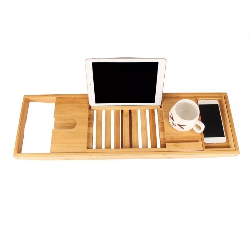 Soporte retráctil de bambú para bañera, 105cm, antideslizante, vaso de vino, plato de café, estante de almacenamiento para teléfono, bandeja de bañera para Baño