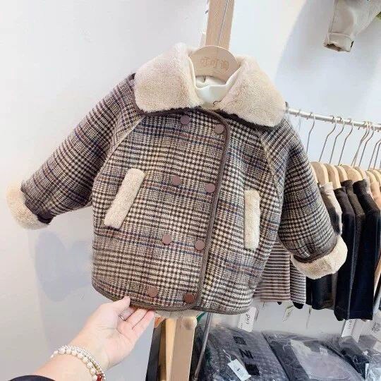 Soft Wool Plaid Korean Children Outerwear Coat Winter Baby Boys Girls Jackets Coat Infant Warm Thick Kids Clothes