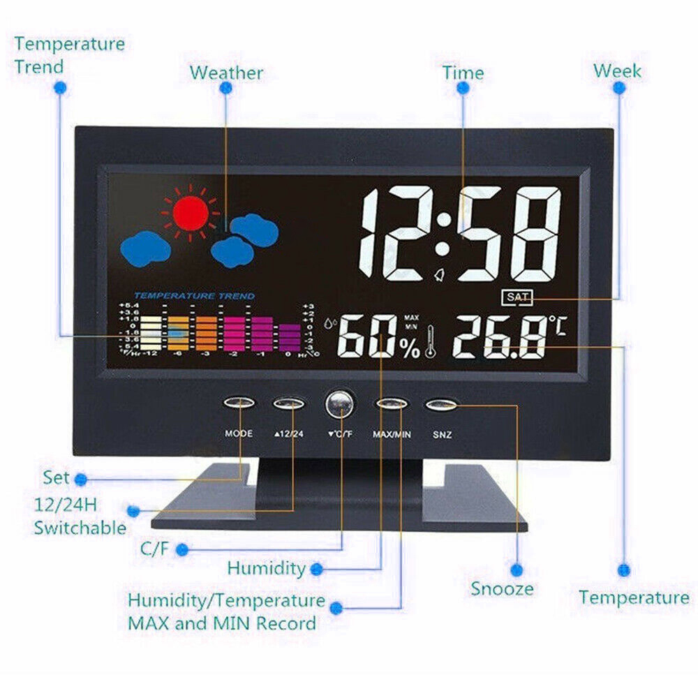 Grote Kleur Screen LCD Digitale Alarm Tafel Klok Desktop Weersverwachting Snooze Temperatuur Vochtigheid Backlight Wekker