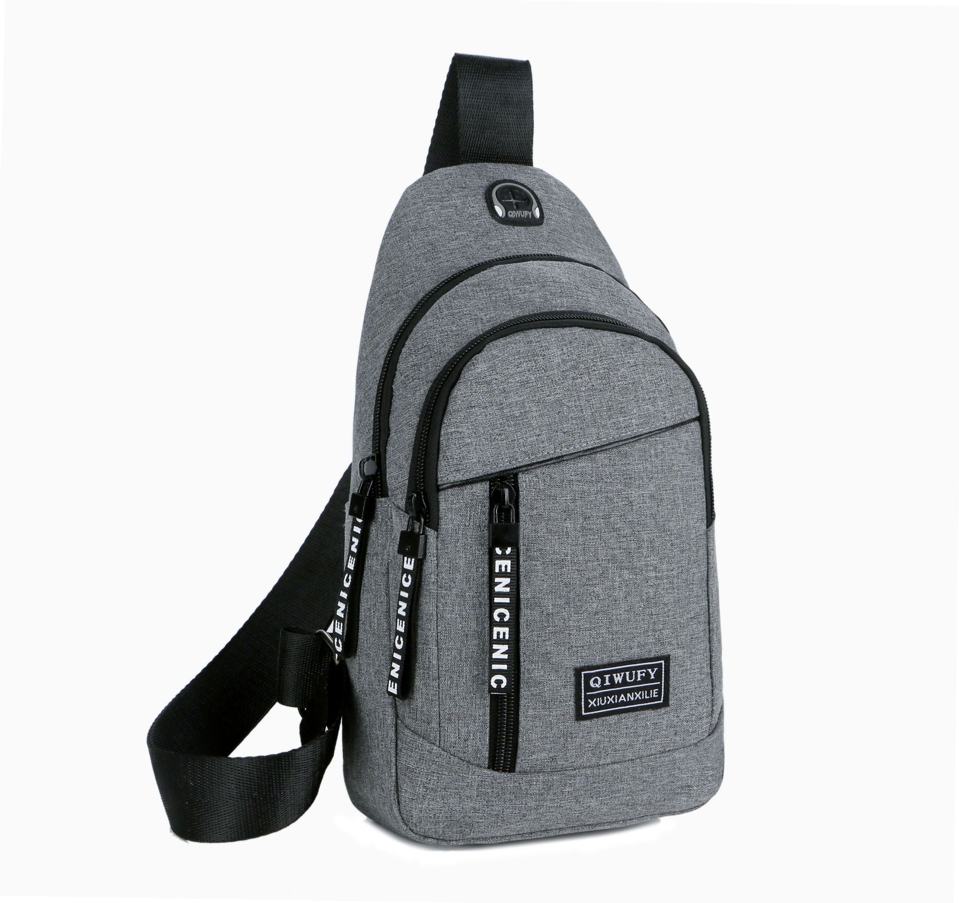 Brystveske herre messenger bag canvas skulder bag hodetelefon hull messenger bag skole kort reiseveske: 7505 grå