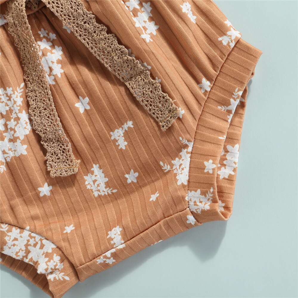 Baby Meisje Kleding Set Zomer Leuke Bloemenprint Mouwloze Romper + Boog Driehoek Shorts Outfits