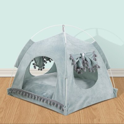 Prinses huisdier hond kat opvouwbare tent bed ademend kitten hondenhok gaas katten puppy kennel vier seizoenen kussen kat huisdier tipi: Zachtgroen / M