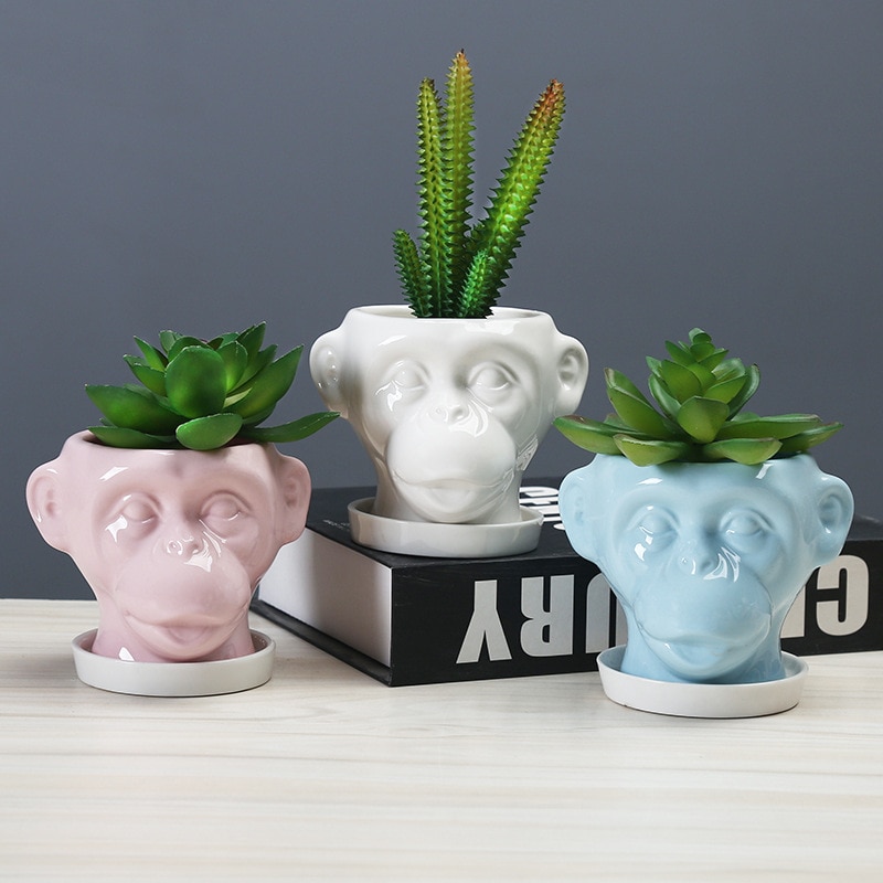 Cartoon aap keramische bloempot dier vetplanten bloempot containers huis buiten tuin mini bonsai bureaubladdecoratie met dienblad
