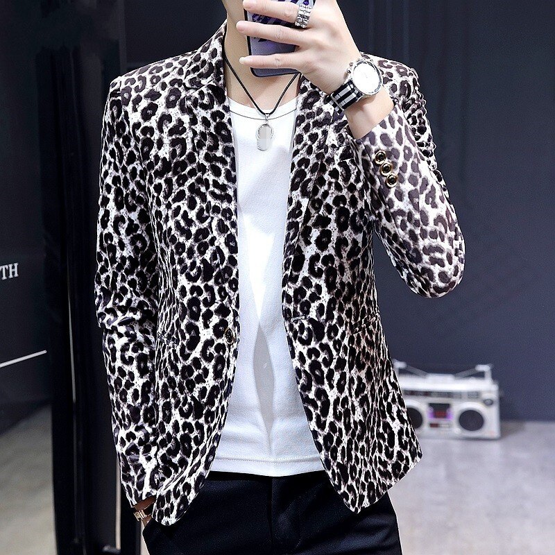 Men Leopard Print Blazer Night Club Casual Single Breasted Suit Jacket High Street Autumn Long Sleeve Slim Fit Male Outerwear: White / L