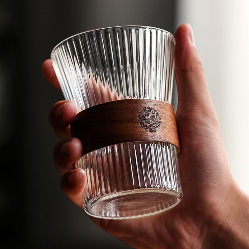 Prachtige Gestreepte Glas Koffie Met Bamboe Isolatie Mouw Eenvoudige Europese Water Mokken Drinken Thee Cup 300Ml