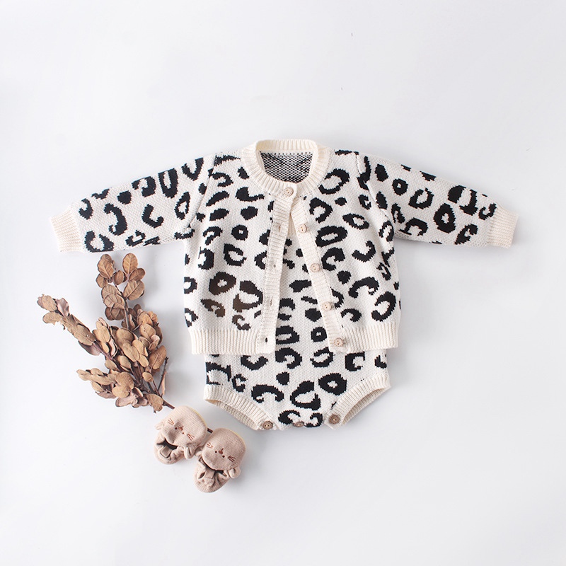 Winter Autumn Leopard Cardigan Coat Outwear Baby Infants Toddlers Girls Kids Children Knitwear Knit Sweater Romper S9811