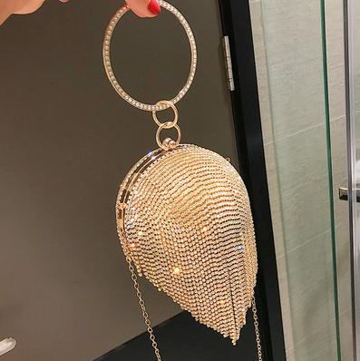 Luxury Round Tassel Diamonds Pu Leather Women Party Handbag Evening Bag Chain Purse Totes Bag Female Shoulder Bag: Gold