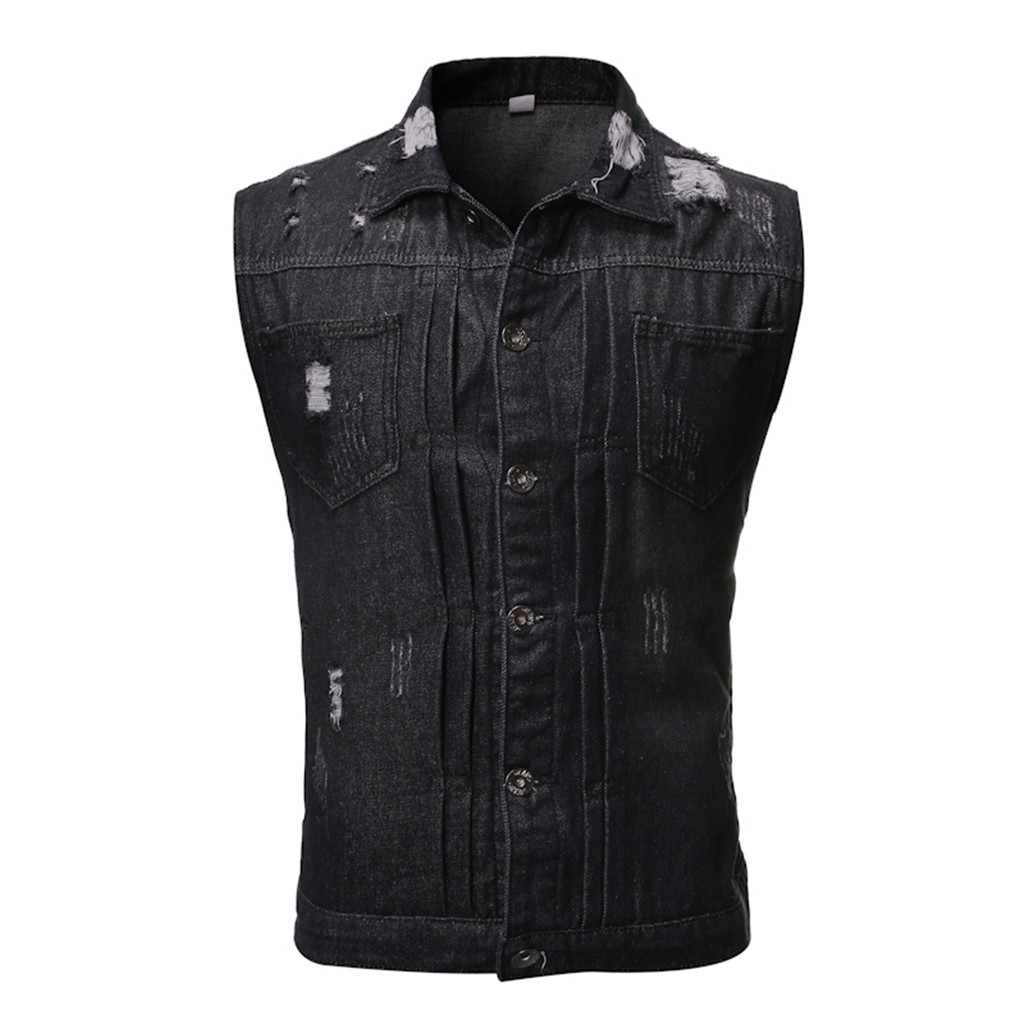 Coton Jeans sans manches veste gilet hommes grande taille noir Denim Jeans gilet mâle Cowboy extérieur gilet hommes veste # G3: Black / M