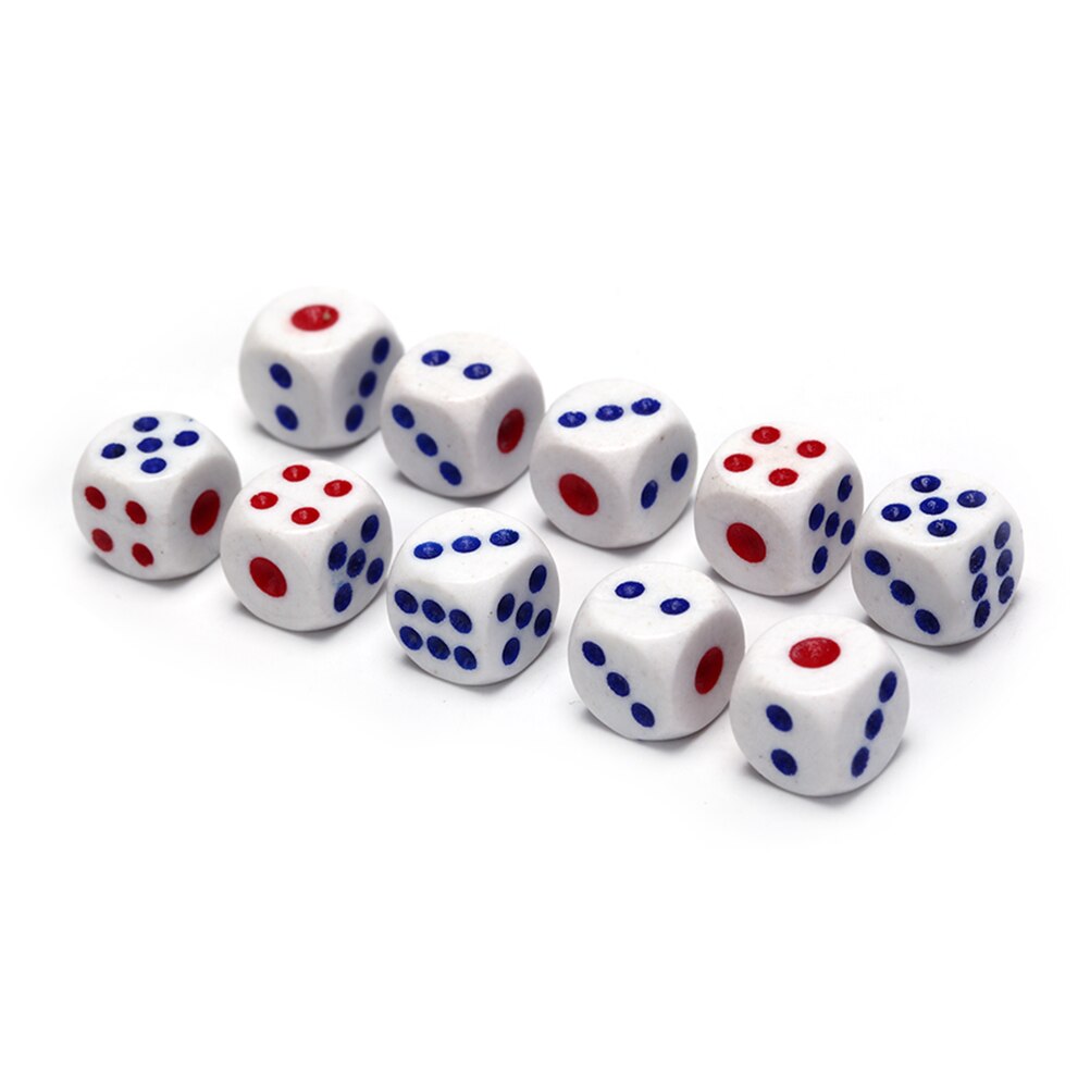 100pcs 10mm Gambling Game Dice White with blue and red dotd Six Sided Spot Dices Poker Chips for ktv pub party