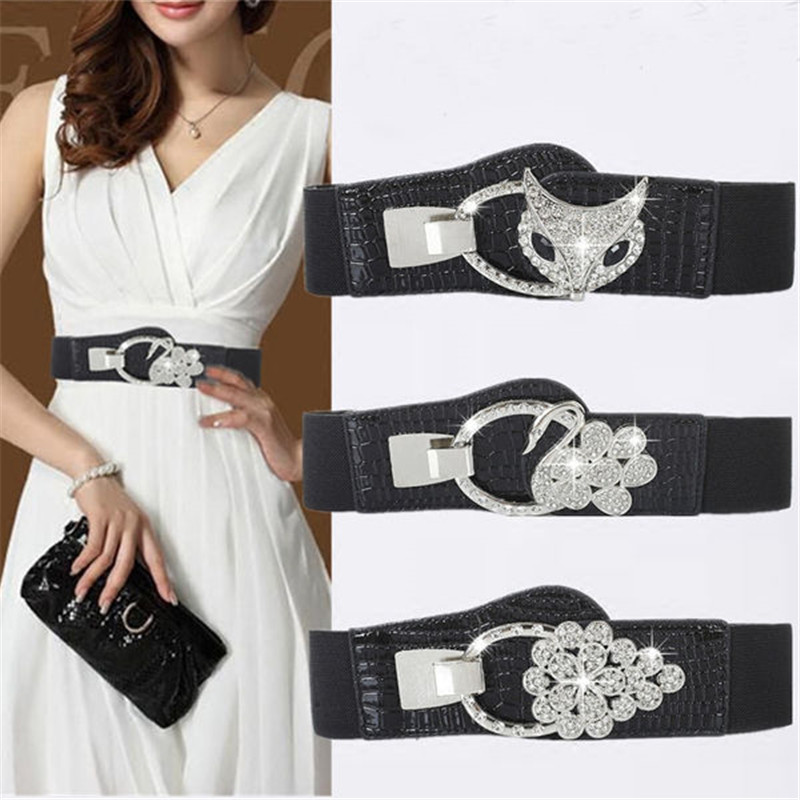 Ceintures pour femmes noires, taille élastique Simple pour dames, boucle de ceinture en métal avec décoration en diamant, pull robe à la ,