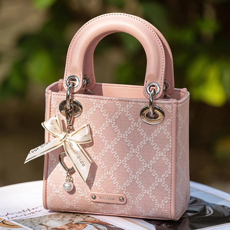 TOUTOU Argyle Jacquard Handtasche Schleife Dekor Satchel Geldbörse Damen Kleine Einkaufstasche Luxusmarke Tasche