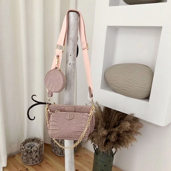 Vintage 3 Pcs Women Crossbody Bag Luxury Tote Alligator Pattern Women's Bags Casual Chain Shoulder Bag Lady Handbags: pink