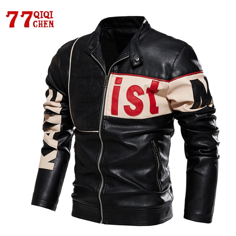 Vinter læderjakke mænd letter fleece motorcykel pu jakke mandlig slim stand krave afslappet windbreaker patchwork colorblock frakke