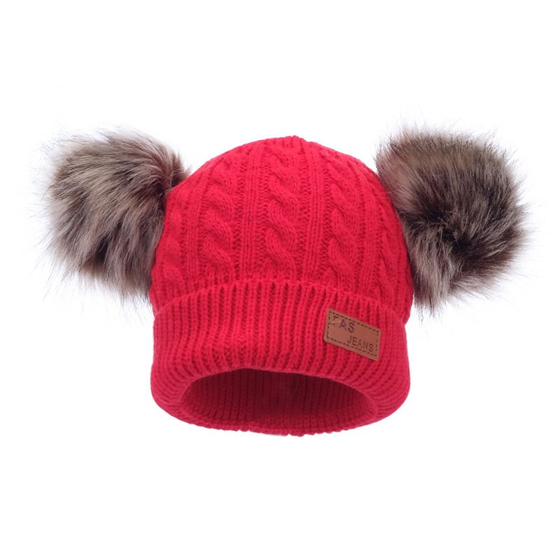 Pompom Fur Baby Knitted Beanie Hats Solid Color Baby Bonnet Hat Child Winter Boy Girl Thicken Warm Cap: red