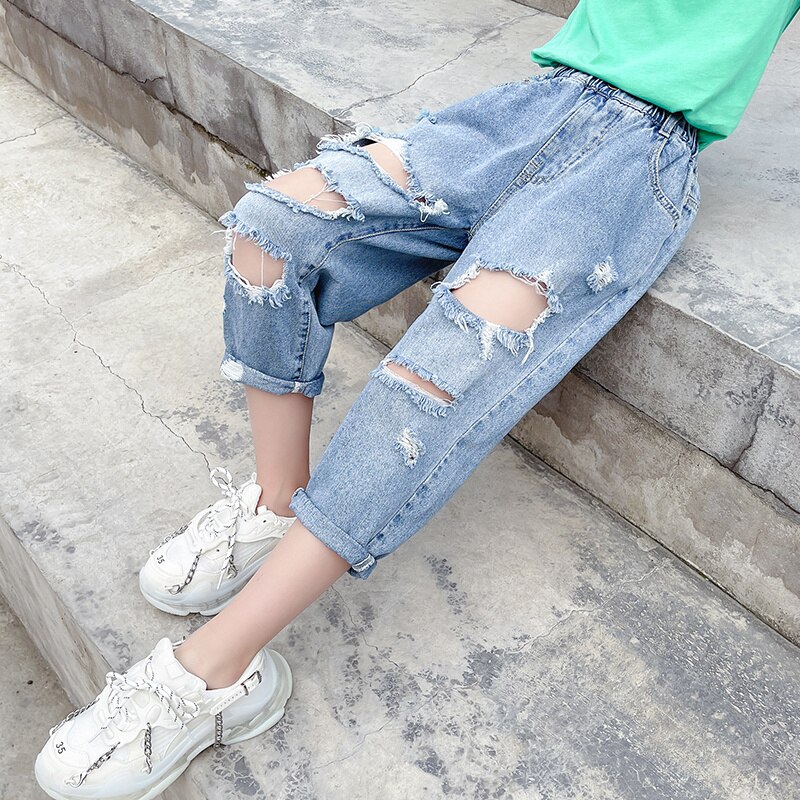 Kinderen Broek Meisjes Dunne Jeans Ripped Cropped Jeans Gaten Korte Broek Denim Zomer 6 8 10 11 12 Jr Kids Kostuum