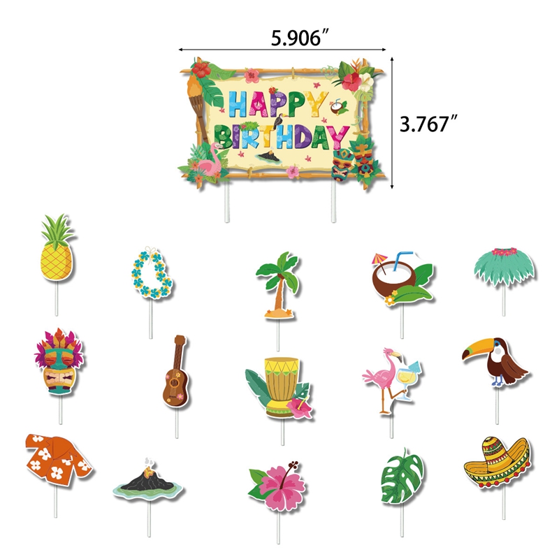 Decoración de hawaiana, guirnalda de feliz cumpleaños, cartel de piña y flamenco de dibujos animados, adornos para pastel, decoración de de boda Luau de verano: Verde menta