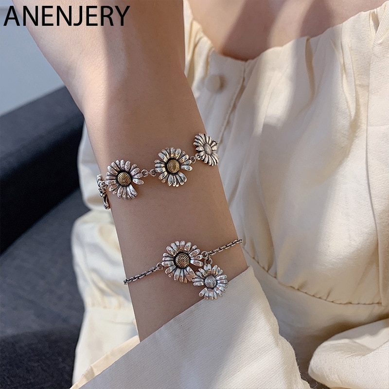 ANENJERY Vintage hecho a mano Daisy de la pulsera para las mujeres tailandés Color plateado flor cadena pulsera brazalete joyería de de S-B410