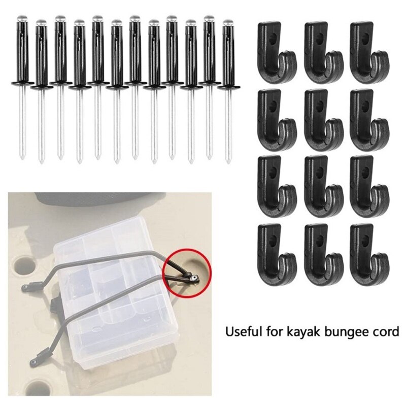 12 J-Hooks Lashing Hooks Bungee Hooks and 12 Rivets for Kayak Canoe Paddle Board 094C
