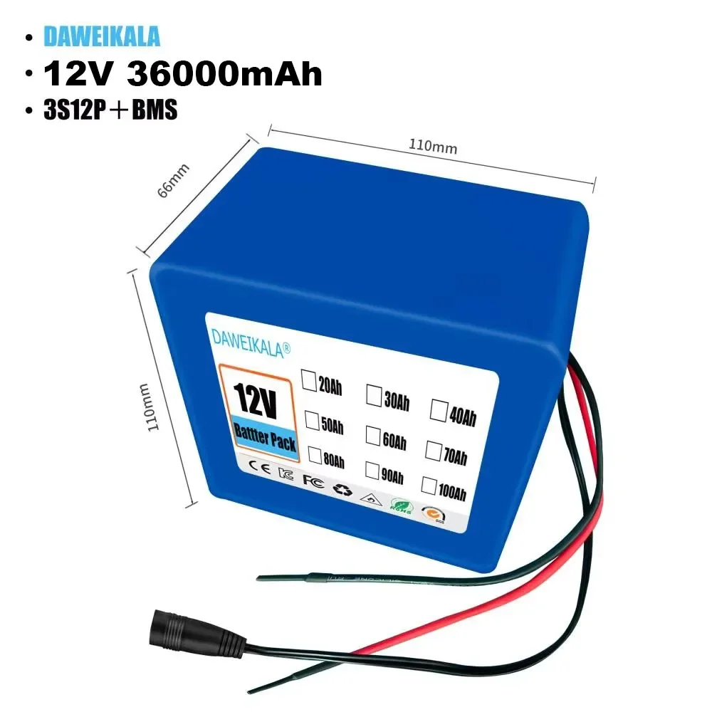 12V 3S1P 3S3P 3S8P 3S12P 30000mAh Battery Pack 18650 Lithium-ion Rechargeable Battery DC for 12V Tools Camping Equipment+BMS